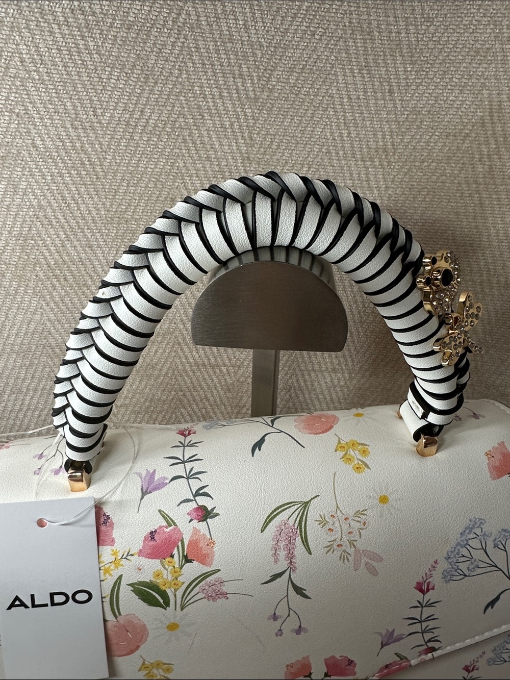 ALDO White Floral Satchel with Striped Wrapped Handle With Butterfly and Bee 🐝 - Picture 2 of 15